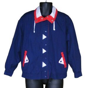 Vintage Windbreaker, S, Nautical, Snap front, Navy/White/Red, Pockets, Long slv